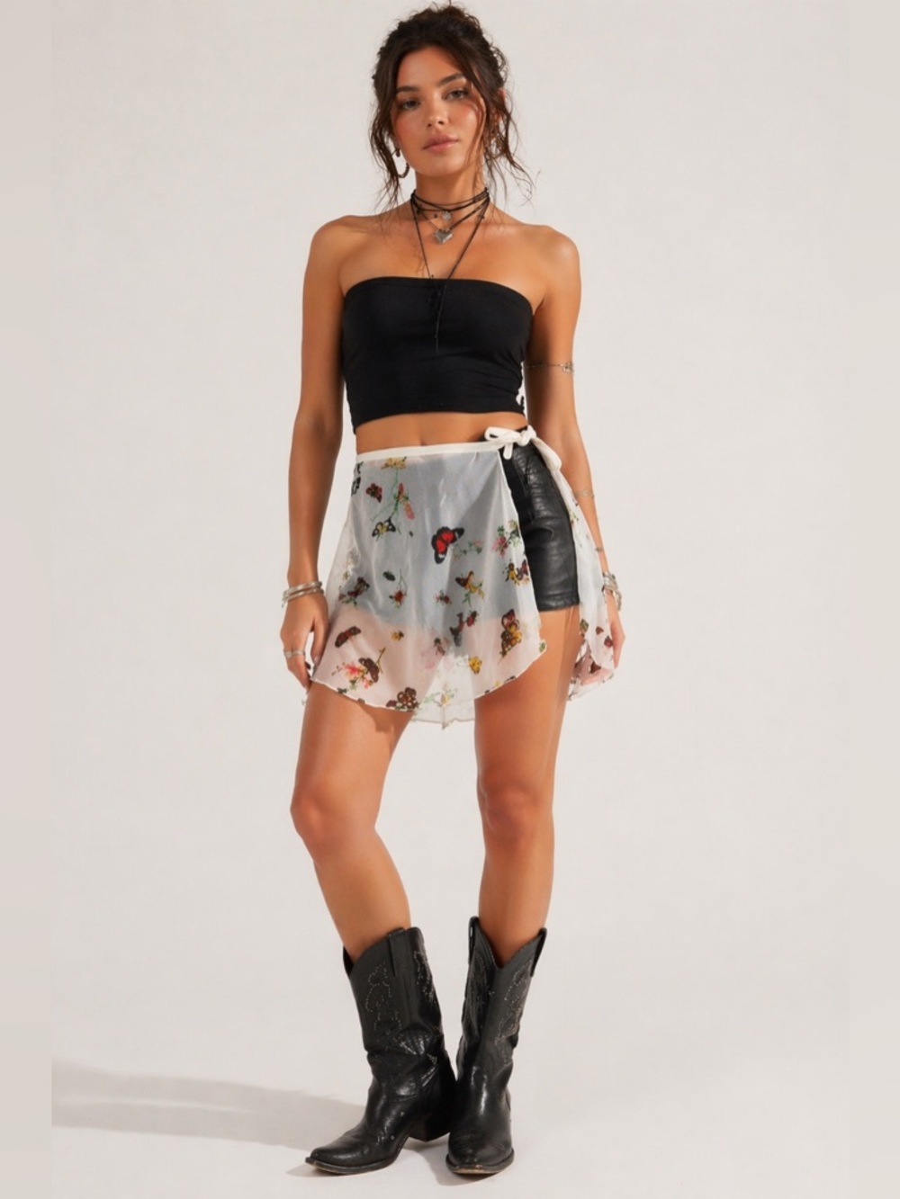 Sheer White Butterfly Print Tie-Waist Mini Skirt – Ethereal Layering Piece S/M